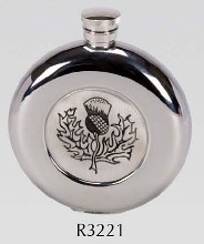 R3221 Round Coinston Flask with Pewter Thistle Stainless Steel
