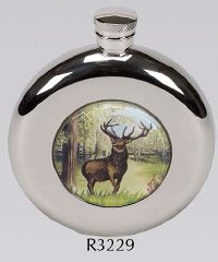 R3229 Round Coinston Flask with Stag 4.5oz Stainless Steel (Use R3110 + Badge)