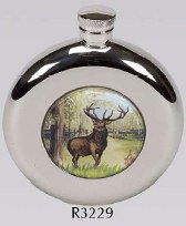 R3229 Round Coinston Flask with Stag Stainless Steel (Use R3110 + Badge) - Engravable & Gifts/Flasks