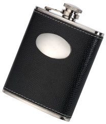 R3390 Flask 6oz Black Genuine Leather & Funnel in Display Box