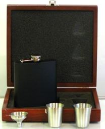 X58152 Matt Black Hip Flask Set 6oz in Wood Box - Engravable & Gifts/Flasks