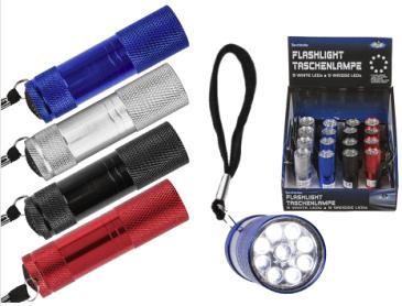 57/9647 Metal LED Torch with 9 LED 4 assorted colours - Display Pack (16 Pieces)