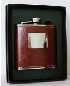 X57060 Flask 6oz PU Wrap Brown with Centre Panel (Gift boxed)