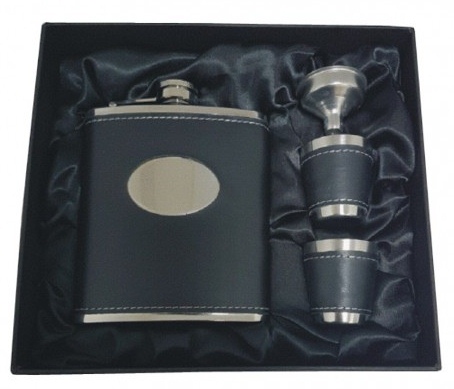 7oz Black Hip Flask with Oval plus 2 Cups & Funnel